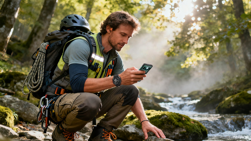 Man in outdoor gear using a phone by a stream in a forest