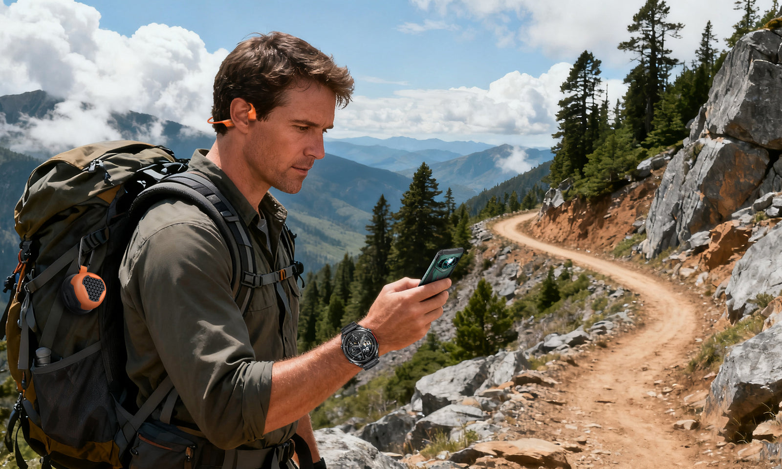 Man with a backpack using a phone on a mountain trail